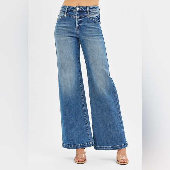 RISEN High Rise Wide Leg Jeans with Front Yoke and Heart Back Pocket - Picture 8 of 8